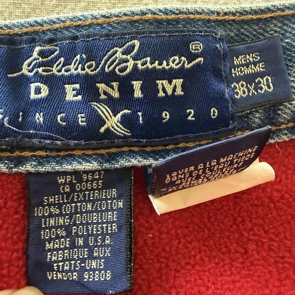 Eddie Bauer USA Made Red Fleece Lined Tapered Jeans Mens 34x29 Denim Relaxed
